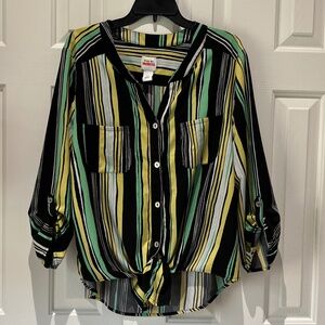 Ruby Rd Shirt Womens XL Multi Striped Button Up Roll Tab Sleeve Tie Stra…